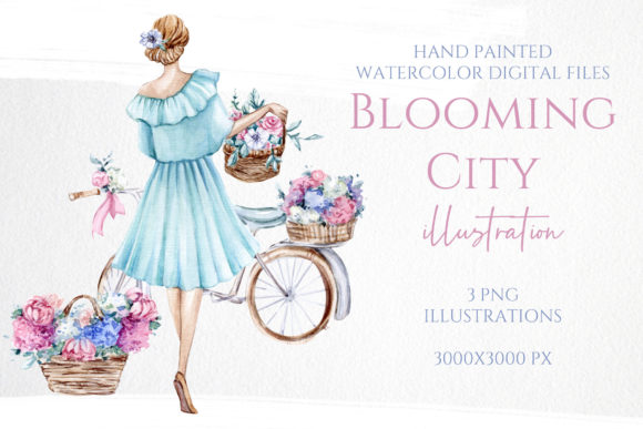 Watercolor Girls with Floral Bicycle